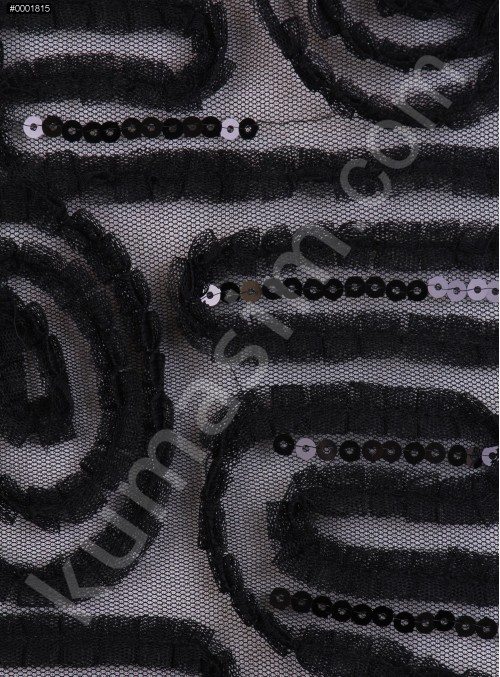 Gül ve Çizgi Desenli Siyah Payetli Lase Kumaş - K9432