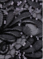 Tül Üzeri Çiçek Desenli Siyah Payet Kumaş - K9470