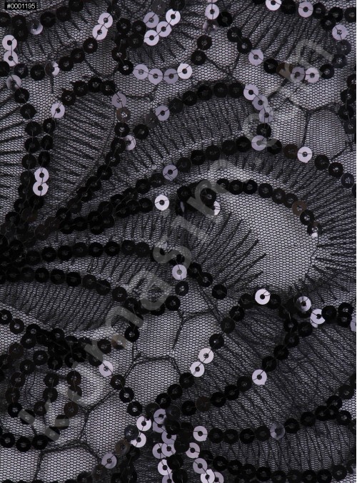 Tül Üzeri Çiçek Desenli Siyah Payet Kumaş - K9470