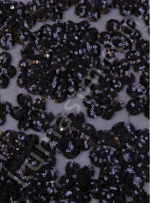 Tül Üzeri Çiçek Desenli Siyah Payetli Kumaş - K9491