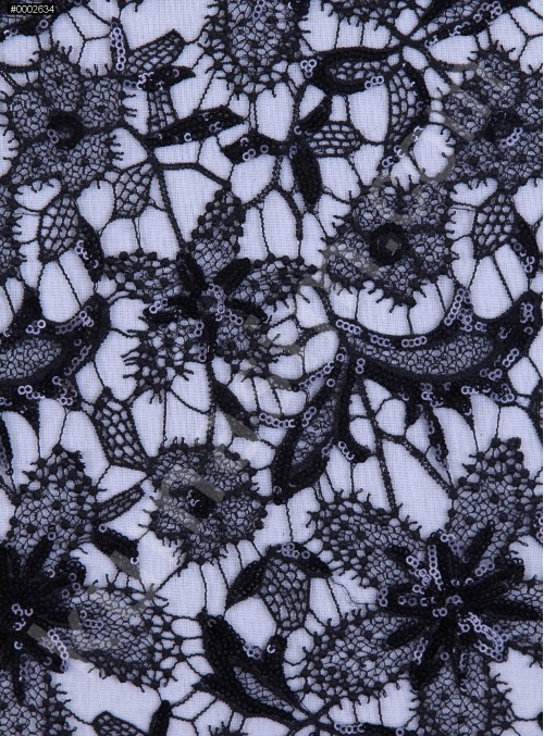 File Üzeri Çiçek Desenli Siyah Payetli Abiyelik Kumaş - K9520