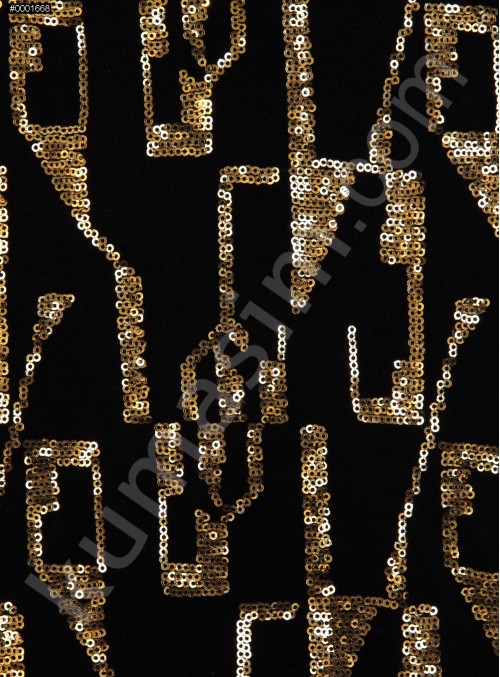 Kadife Üzeri Antik Çağ Desenli Gold Payetli Kumaş - K9522