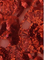 Tül Üzeri Karışık Desenli Payetli Kırmızı Kumaş - K9526