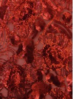 Tül Üzeri Karışık Desenli Payetli Kırmızı Kumaş - K9526