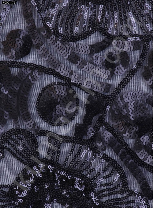 Tül Üzeri Karışık Desenli Payetli Siyah Kumaş - K9526