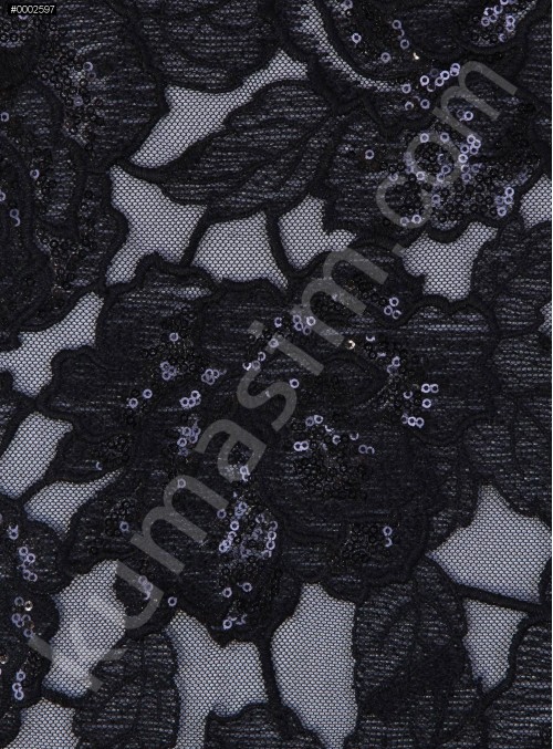 Gül Desenli Nakış Üzeri Payetli Siyah Abiyelik Kumaş - K9546