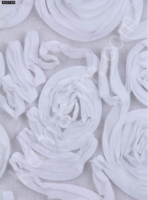 Tül Üzeri Büyük Çiçek Desenli Lase Beyaz Kumaş - K9561