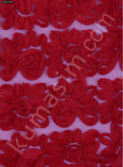 Tül Üzeri Çiçek Desenli Lase Kırmızı Kumaş - K9562