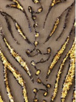 Tül Üzeri Dal Desen Gold ve Siyah Payetli Kumaş - K9596