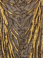 Tül Üzeri Dal Desen Gold ve Siyah Payetli Kumaş - K9596