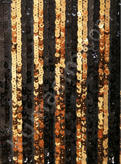 Şerit Desenli Sıralı Çift Renk Payetli Siyah - Gold Kumaş - K9597