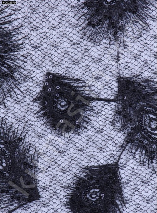 Tavus Kuşu Desenli Siyah Payetli Abiyelik Kumaş - K9611