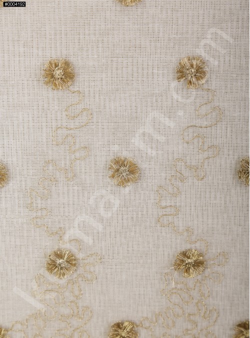 Beyaz Tül Üzeri Gold Çiçek Nakışlı Abiyelik Kumaş - K9619