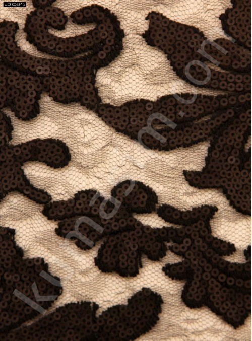 Desenli Tül Üzeri Mat Siyah Nakışlı Payetli Abiyelik Kumaş - K9629