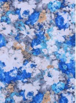 Çiçek Desenli Çok Renkli Şeffaf Payetli Baskılı Mavi Kumaş - K9633
