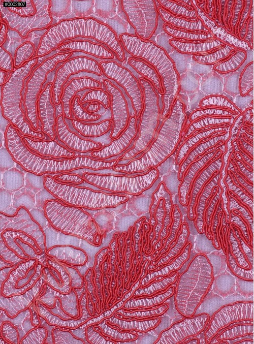Çiçek Desenli Kordoneli Mercan Güpür Kumaş - K9661