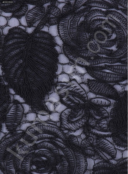Çiçek Desenli Kordoneli Siyah Güpür Kumaş - K9661