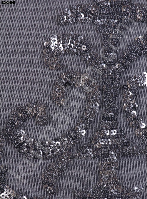 Siyah Tül Üzeri 3 MM Gümüş Payet İşlemeli Kumaş - K9666
