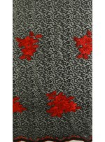 Siyah Payetli Kumaş Üzeri Kırmızı Yaprak Desenli Nakışlı Kumaş - K9907