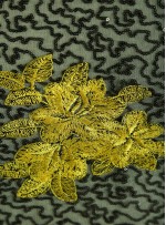 Siyah Payetli Kumaş Üzeri Sarı Yaprak Desenli Nakışlı Kumaş - K9907