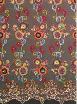 Rengarenk Çiçek Desenli Payetli - Boncuklu - Taşlı Abiye Kumaş - A40089