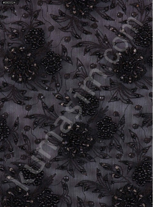Çiçek Desenli Boncuklu Siyah Özel Abiyelik Kumaş - KAP11