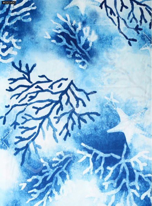 Ağaç ve Yıldız Desenli Mavi Empirme İpek Saten Kumaş - G032