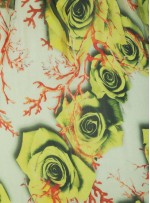 Çiçek ve Dal Desenli Yeşil İpek Empirme Şifon Kumaş - G052