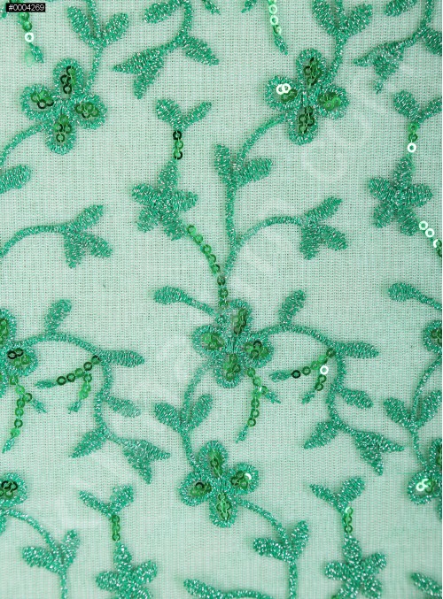 Çiçek Desenli Payetli ve Nakışlı Yeşil Abiye Elbiselik Kumaş - K136